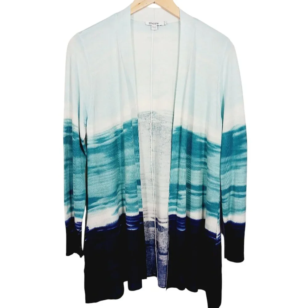 Chico's  Cardigan, Spun Rayon, Hanky Hem, Ombre Ocean Blues,  Small, Light Knit - Picture 5 of 10